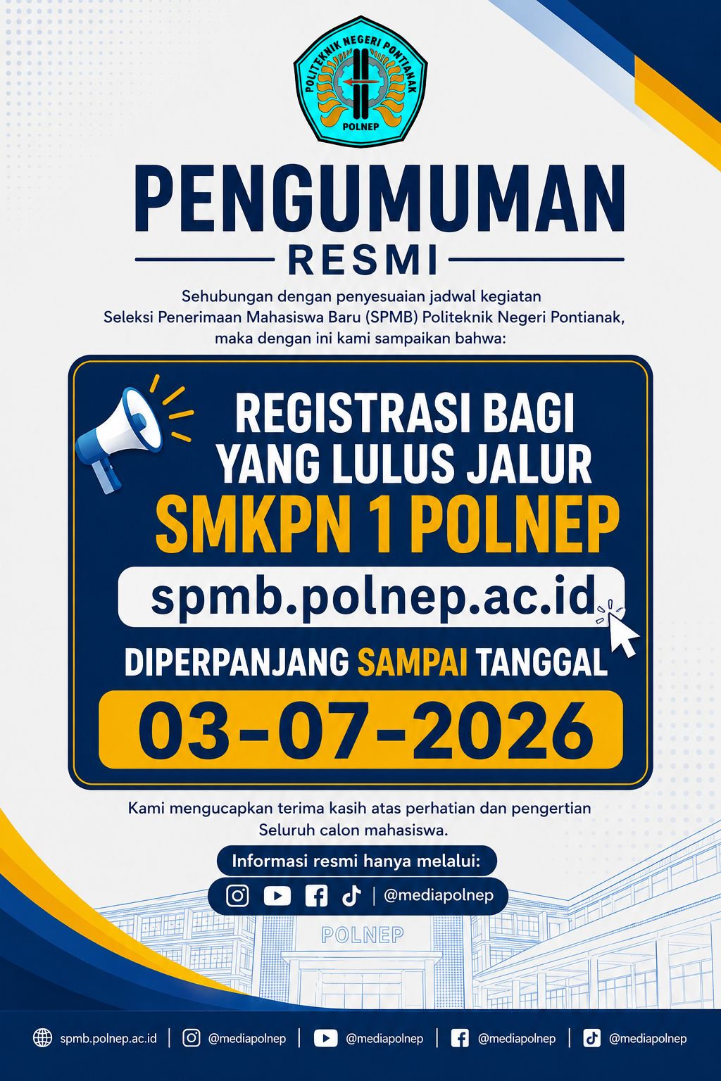 PENGUMUMAN PERPANJANGAN REGISTRASI SMKPN 1